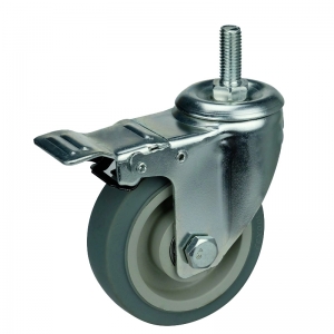 gray TPR caster wheel threaded stem with double brakes